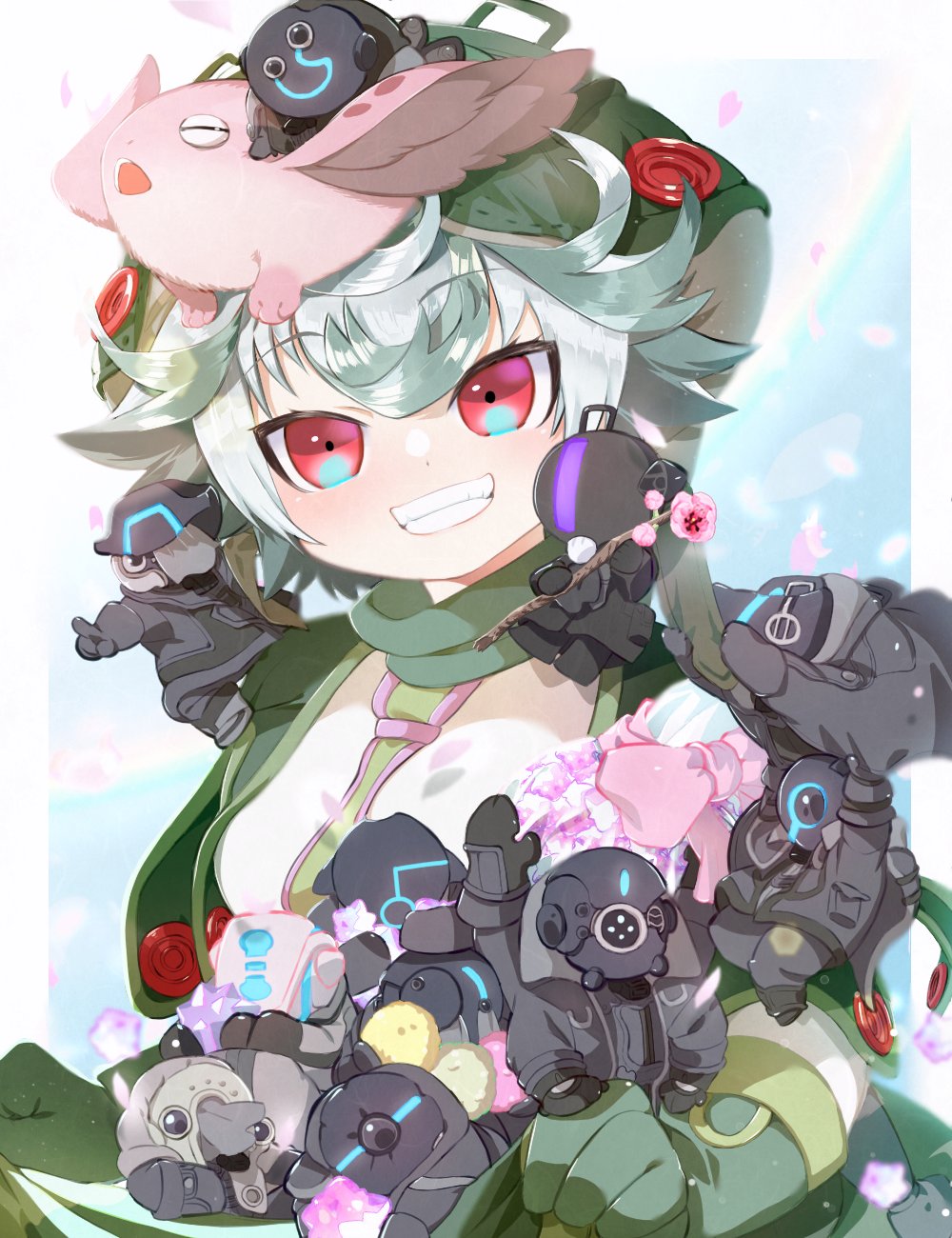 1girl, 4boys, 6+others, ambiguous_gender, arm_up, black_coat, black_footwear, black_gloves