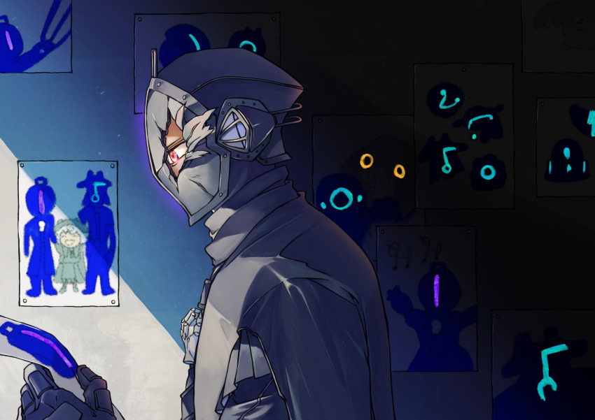 1boy, \o/, arms_up, black_coat, black_gloves, black_headwear, bondrewd, broken_helmet