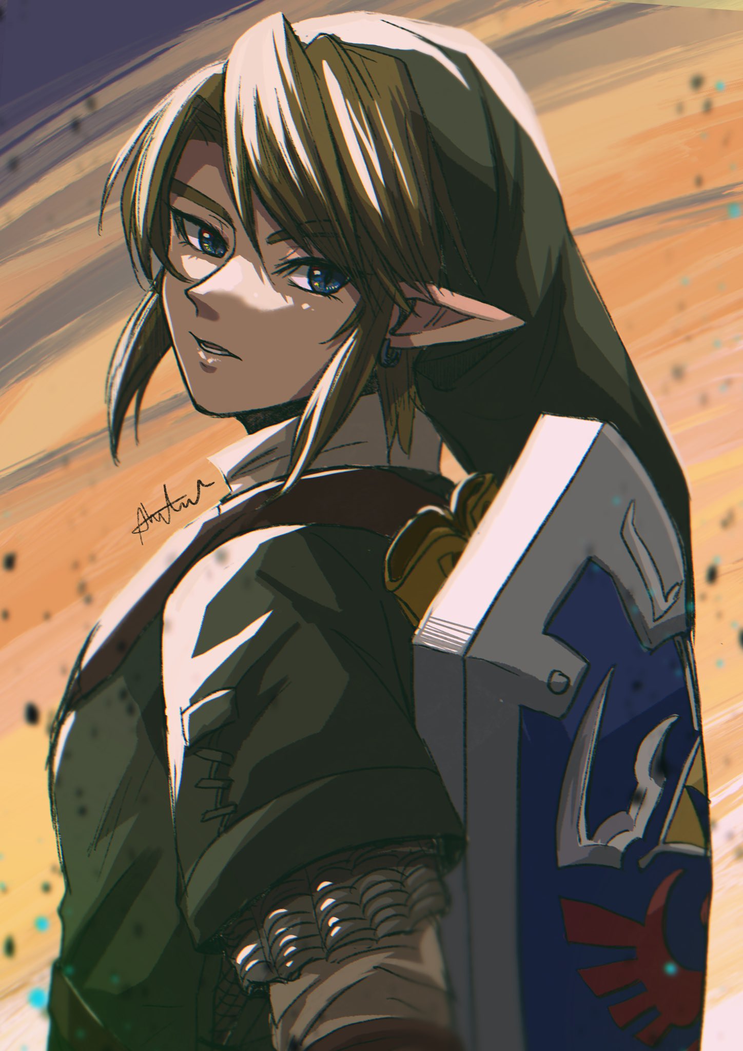 1boy, bangs, blonde_hair, blue_eyes, commentary_request, earrings, fantasy, green_headwear