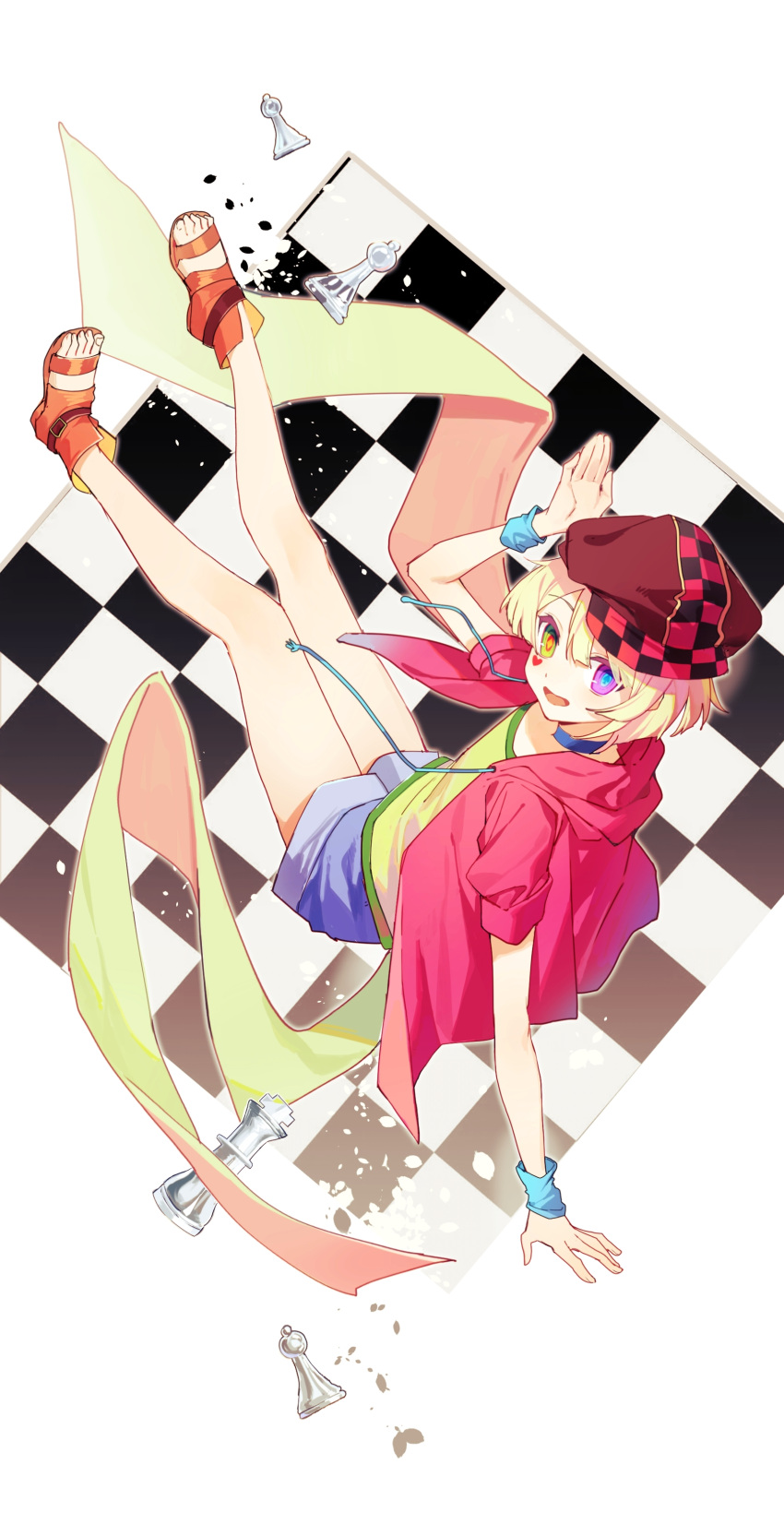 1boy, :d, absurdres, bangs, blonde_hair, blue_shorts, chess_piece, chessboard