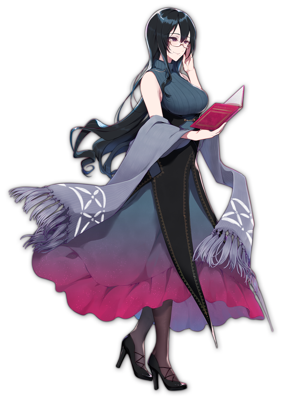 1girl, black_hair, book, breasts, dress, full_body, glasses, high_heels