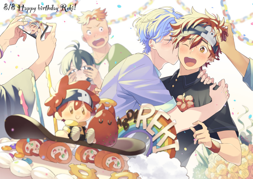 6+boys, adam_(sk8), black_shirt, blue_hair, blush, cake, closed_eyes, flower, food, green_hair, happy_birthday, hasegawa_langa, headband, highres, hug, joe_(sk8), kiss, kissing_cheek, kyan_reki, male_focus, miya_(sk8), multiple_boys, one_eye_closed, open_mouth, orange_eyes, orange_hair, purple_shirt, redhead, shadow_(sk8), shirt, short_hair, short_sleeves, sk8_the_infinity, skateboard, uppi