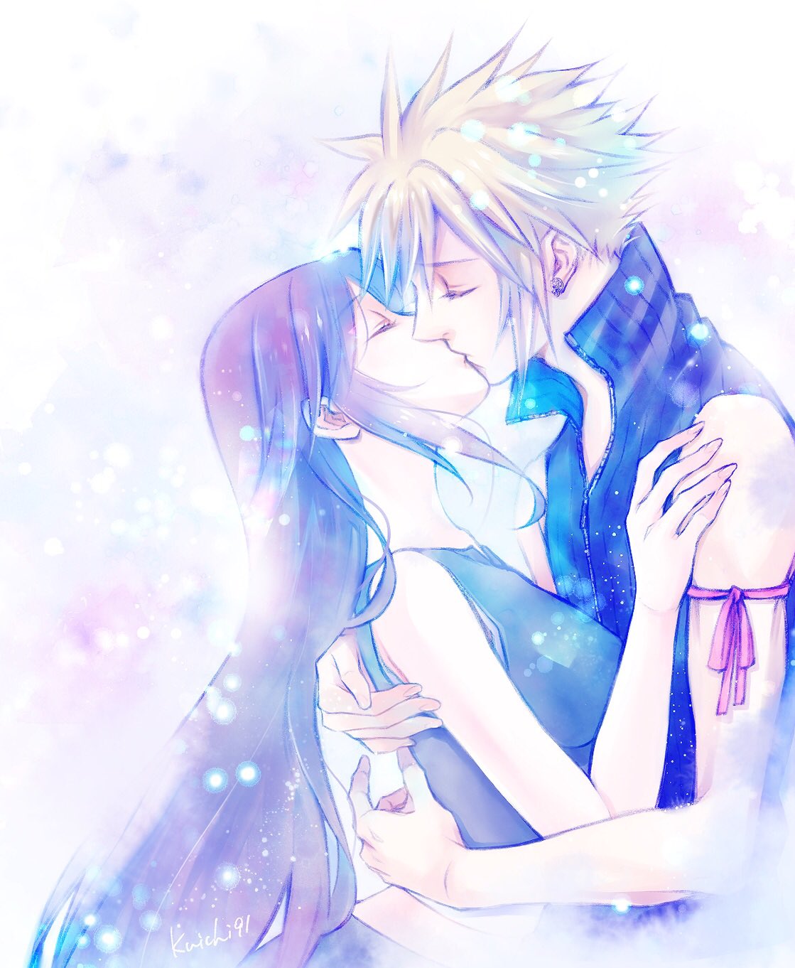 1boy, 1girl, arm_ribbon, bare_shoulders, black_hair, blonde_hair, closed_eyes, cloud_strife