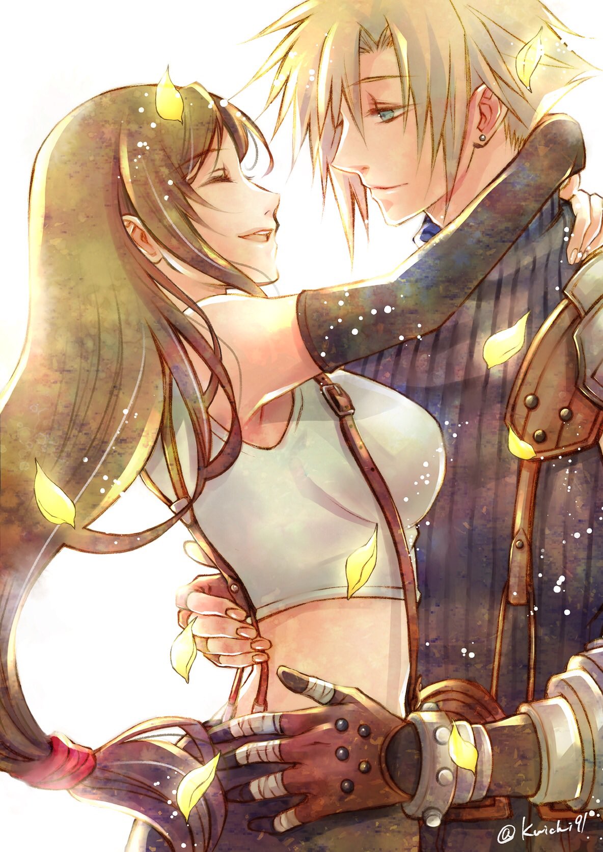 1boy, 1girl, bare_shoulders, black_hair, black_skirt, blonde_hair, blue_eyes, breasts, brown_hair, closed_eyes, cloud_strife, couple, crop_top, detached_sleeves, earrings, final_fantasy, final_fantasy_vii, fingerless_gloves, gloves, happy, highres, hug, jewelry, long_hair, looking_at_another, low-tied_long_hair, petals, quichi_91, skirt, sleeveless, sleeveless_turtleneck, smile, spiky_hair, suspender_skirt, suspenders, sweater, tank_top, tifa_lockhart, turtleneck, turtleneck_sweater, twitter_username, white_background, white_tank_top