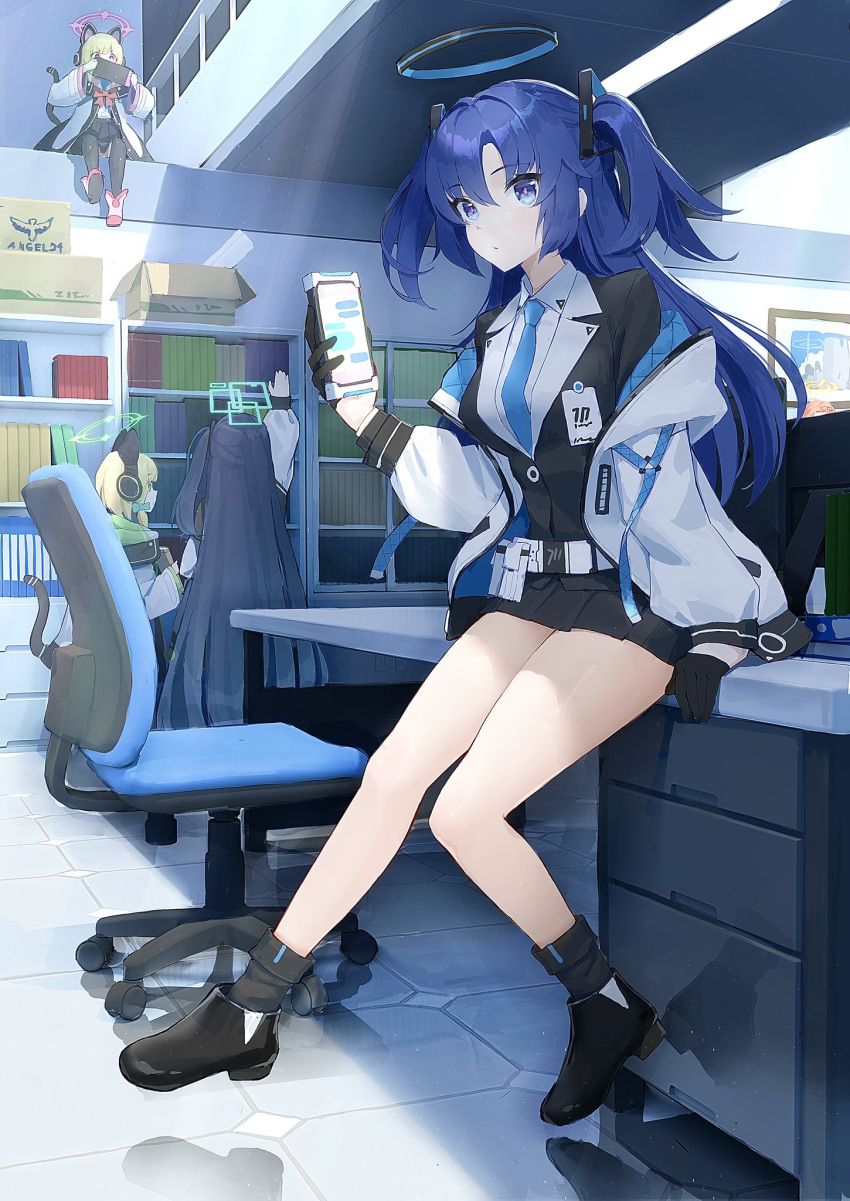 5girls, animal_ear_headphones, animal_ears, arisu_(blue_archive), arm_support, bangs, black_gloves, black_hair