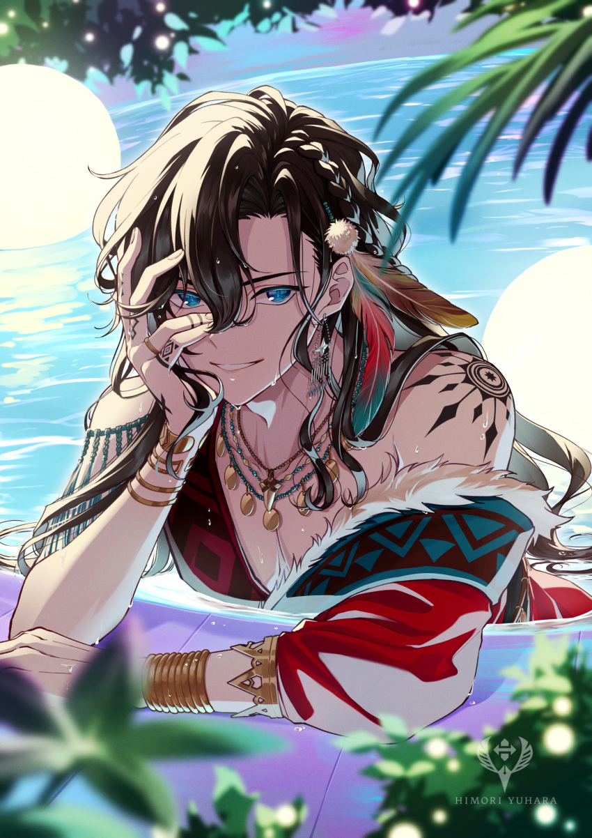 1boy, bath, bishounen, black_hair, blue_eyes, hair_between_eyes, highres, himori_yuhara, jewelry, long_hair, looking_at_viewer, male_focus, original, partially_underwater_shot, pool, poolside, ring, smile, solo, tattoo, traditional_clothes, water, wet, wet_hair