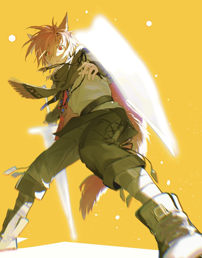 1boy, :o, absurdres, animal_ears, ankle_boots, bangs, belt, blurry, boots, braid, braided_ponytail, brown_footwear, brown_pants, brown_scarf, cat_boy, cat_ears, cat_tail, commentary, depth_of_field, facial_mark, feishui_chizi, fighting_stance, final_fantasy, final_fantasy_xiv, floating, floating_object, foot_out_of_frame, fringe_trim, from_below, g'raha_tia, glowing, glowing_shield, glowing_sword, glowing_weapon, grey_shirt, hair_between_eyes, hair_ornament, hand_up, highres, holding, holding_sword, holding_weapon, jacket, jewelry, legs_apart, legwear_garter, long_sleeves, looking_at_viewer, low_ponytail, male_focus, miqo'te, neck_tattoo, outstretched_arm, paladin_(final_fantasy), pants, pendant, perspective, red_eyes, red_jacket, redhead, scarf, shield, shirt, short_hair, short_ponytail, simple_background, single_braid, slit_pupils, solo, sparkle, standing, surprised, sword, tail, tattoo, weapon, wide-eyed, x_hair_ornament, yellow_background
