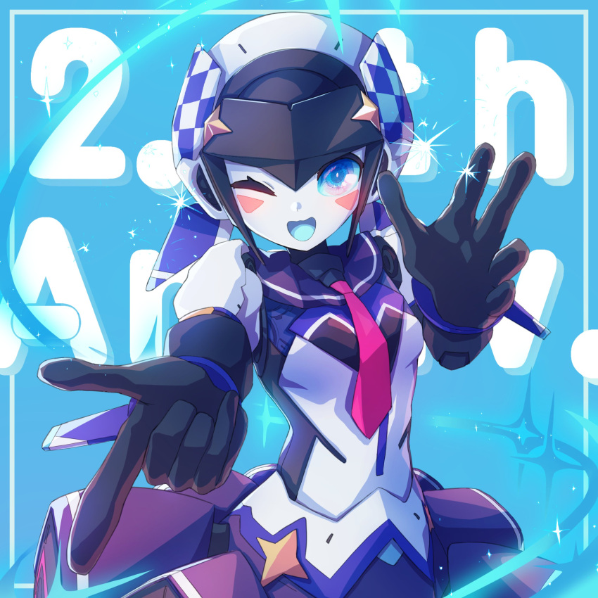 1girl, absurdres, android, black_gloves, black_hair, blue_eyes, blue_sclera, blue_tongue