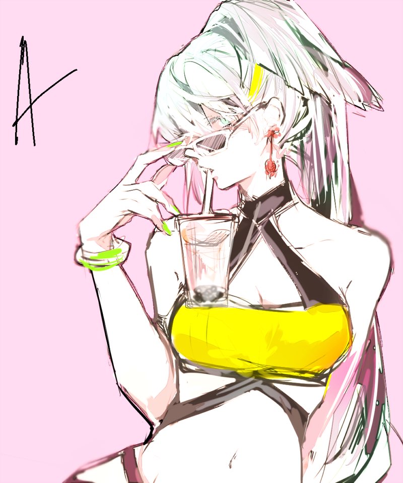 alina_gray, alina_gray_(swimsuit_costume), bangs, bare_shoulders, bikini, bubble_tea, earrings, hair_between_eyes