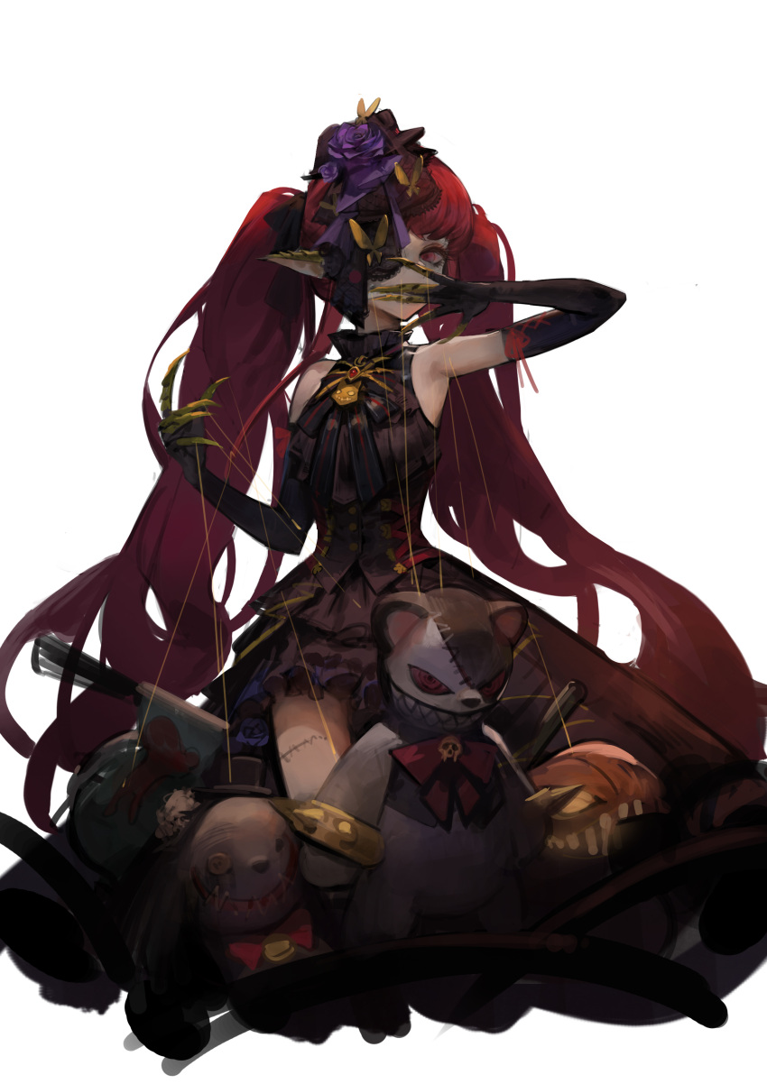 1girl, absurdres, black_dress, covered_mouth, dokshuri, dress, dungeon_and_fighter, elbow_gloves
