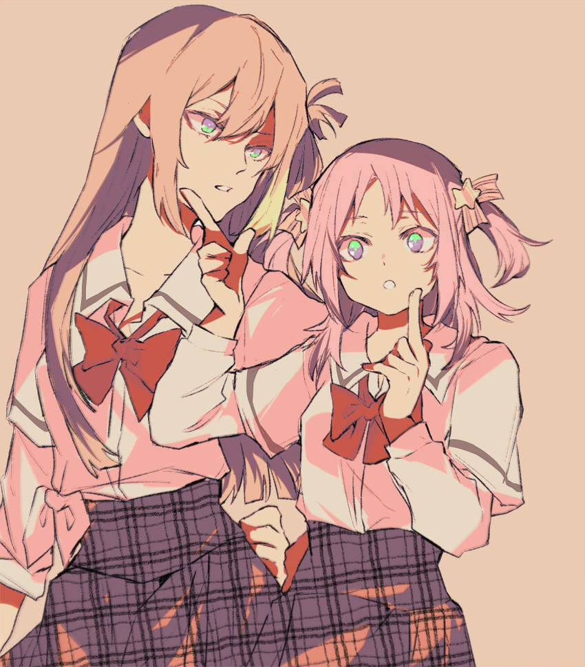2girls, alina_gray, aqua_eyes, bangs, blunt_ends, bow, bowtie, green_hair