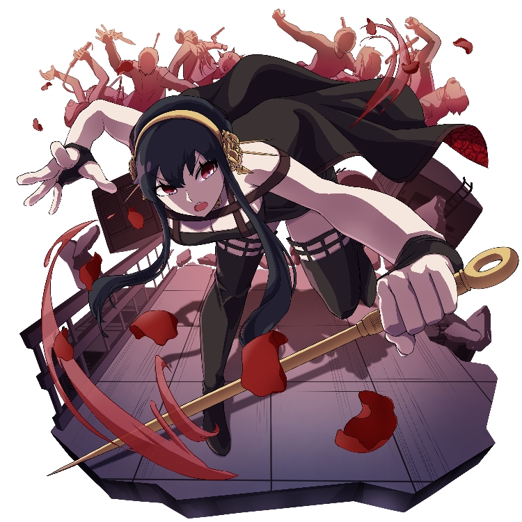 1girl, 2girls, 6+boys, bare_shoulders, black_dress, black_footwear, black_gloves, black_hair