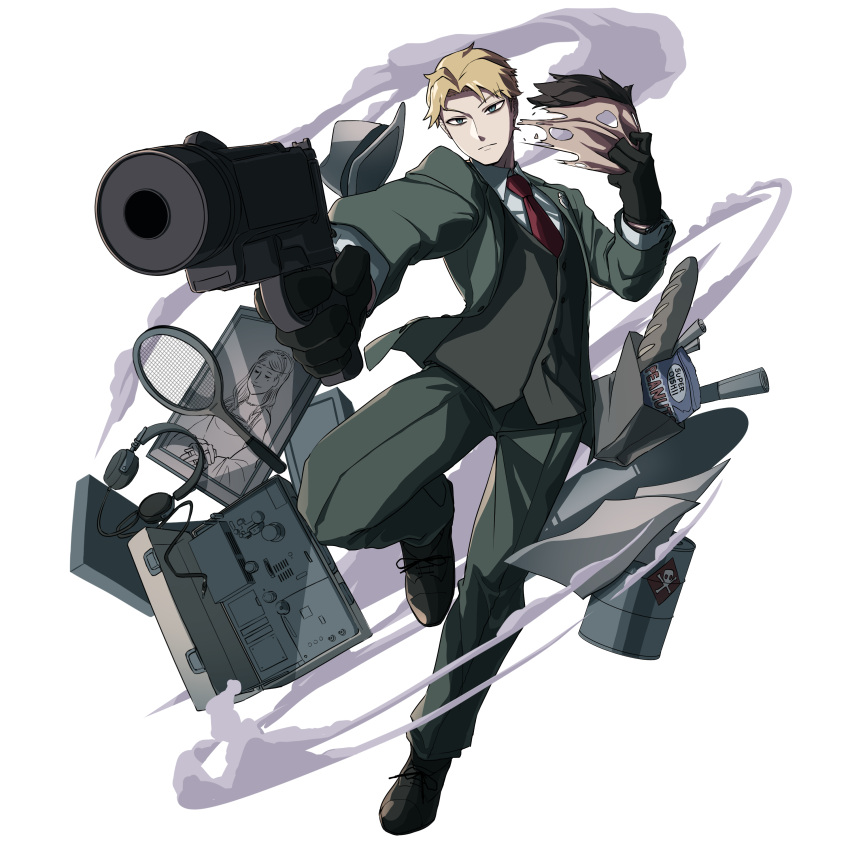 1boy, absurdres, audio_jack, bag, baguette, barrel, black_gloves, blonde_hair