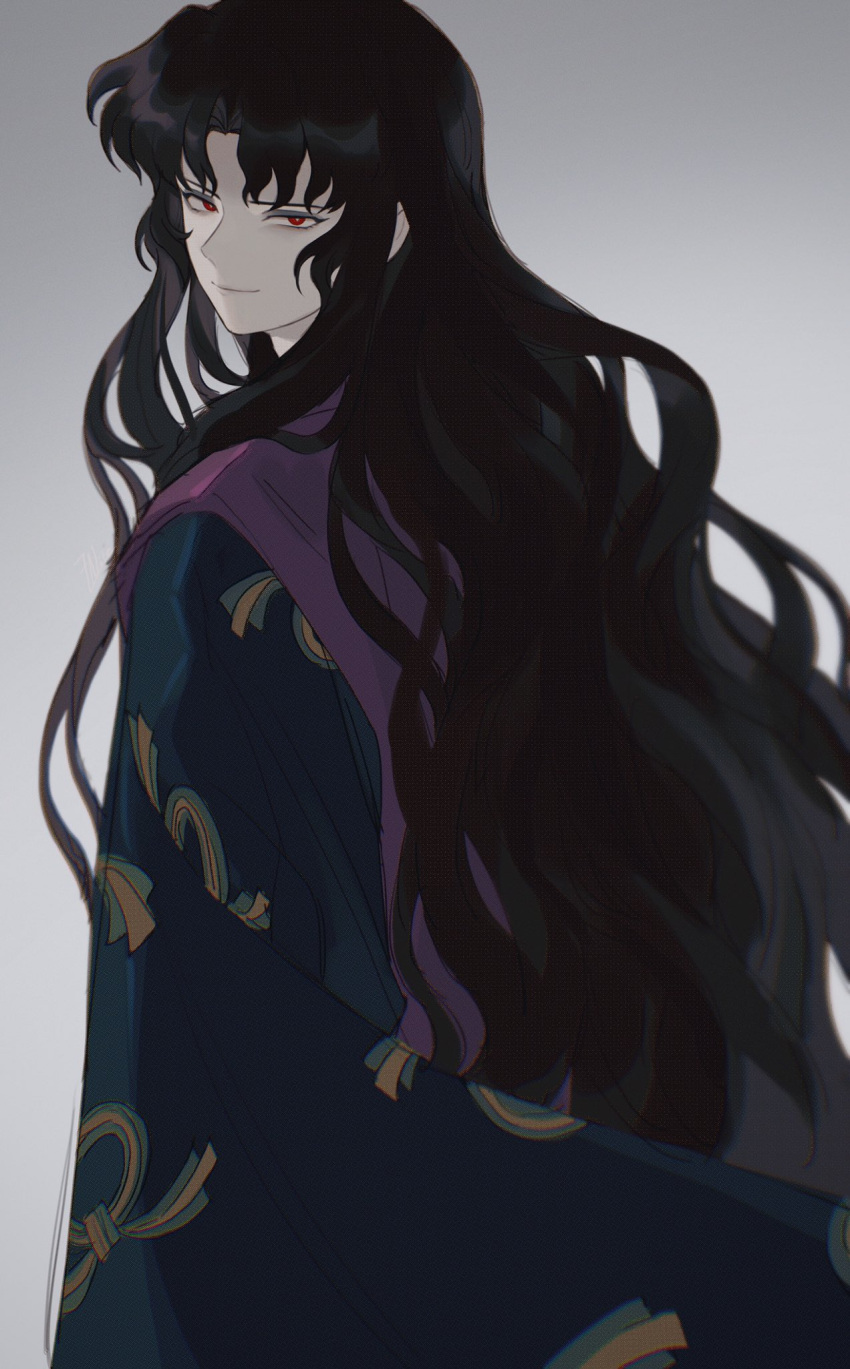 1boy, 7nite, black_hair, closed_mouth, eyeshadow, gradient, gradient_background, grey_background
