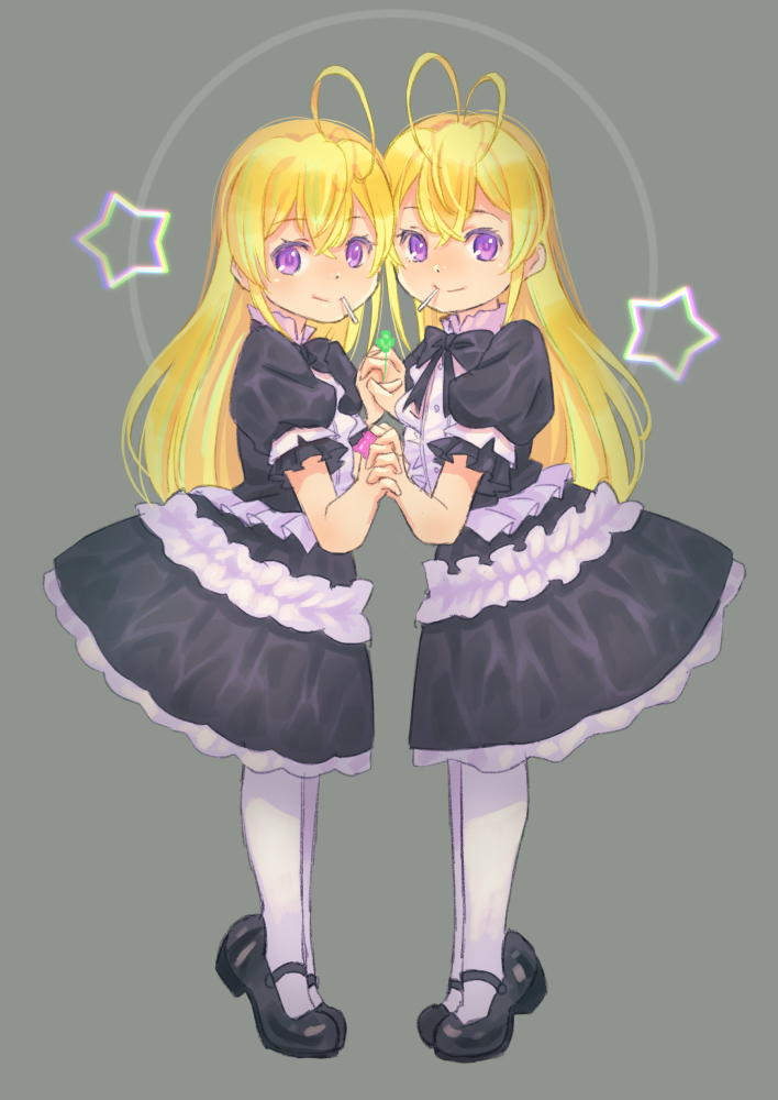 2girls, ahoge, antenna_hair, bangs, black_bow, black_bowtie, black_dress, black_footwear