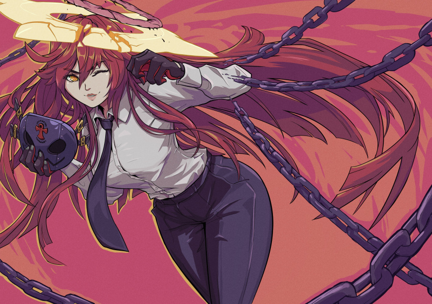 absurdres, ankh, bangs, black_gloves, black_necktie, black_pants, broken_halo, buttons, chainsaw_man, collared_shirt, cosplay, eyebrows_hidden_by_hair, gloves, guilty_gear, guilty_gear_strive, hair_between_eyes, halo, highres, holding, holding_mask, jack-o'_valentine, jackson_teshima, lips, long_hair, looking_at_viewer, makima_(chainsaw_man), makima_(chainsaw_man)_(cosplay), mask, necktie, one_eye_closed, pants, parted_lips, redhead, ringed_eyes, shirt, thighs, yellow_eyes