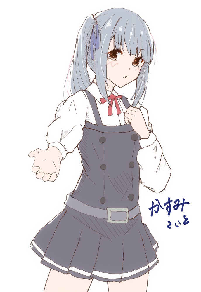 blue_ribbon, brown_eyes, dress, grey_hair, grey_ribbon, hair_ribbon, kantai_collection, kasumi_(kancolle)
