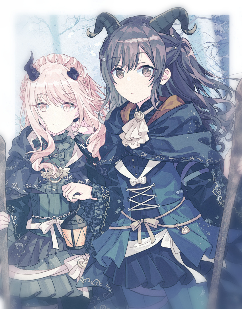 2girls, akiyama_mizuki, ascot, asymmetrical_bangs, bangs, bare_tree, beads, black_cape