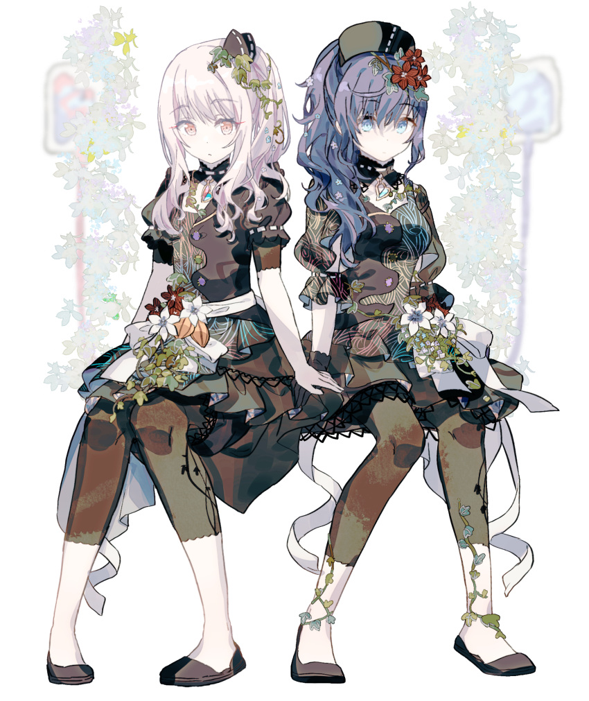 2girls, akiyama_mizuki, asahina_mafuyu, bangs, black_footwear, bow, breasts, brown_bow, brown_dress, buttons, dot_mouth, dot_nose, dress, expressionless, flat_chest, flower, frilled_dress, frilled_shirt_collar, frills, gocoli, green_headwear, green_leggings, hair_bow, hair_flower, hair_ornament, hair_vines, hat, highres, invisible_chair, jewelry, leggings, long_hair, looking_at_viewer, medium_breasts, multiple_girls, orange_eyes, pendant, plant, ponytail, project_sekai, purple_hair, red_flower, ribbon, ribbon-trimmed_bow, ribbon-trimmed_headwear, ribbon-trimmed_sleeves, ribbon_trim, sidelocks, sitting, slippers, vines, white_background, white_flower, white_hair, white_ribbon