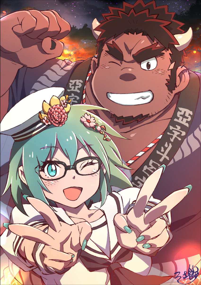 1boy, 1girl, aqua_hair, benten_(housamo), black-framed_eyewear, black_nails, blue_eyes, blue_nails, blush, brown_hair, commentary_request, cow_boy, cow_horns, daihukudokoro, dark-skinned_male, dark_skin, facial_hair, flower, glasses, gloves, goatee, grin, hair_ornament, hand_up, hat, highres, horns, jewelry, long_sideburns, medium_hair, muscular, muscular_male, neckerchief, necklace, night, night_sky, one_eye_closed, sailor_collar, school_uniform, serafuku, short_hair, sideburns, sky, smile, starry_background, tetsuox_(housamo), thick_eyebrows, tokyo_afterschool_summoners