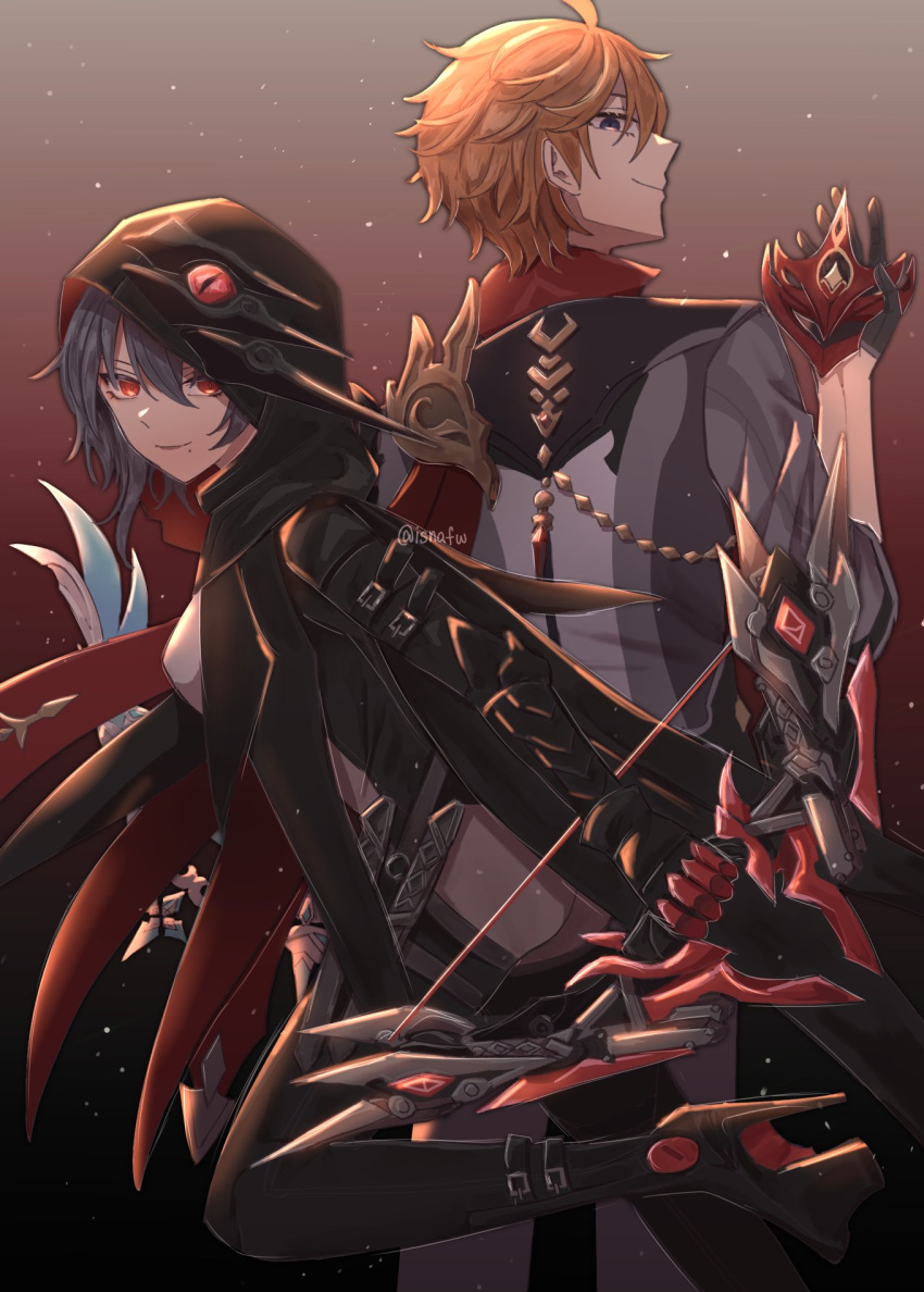 1boy, 1girl, ahoge, bangs, black_bodysuit, black_cape, black_gloves, black_hair