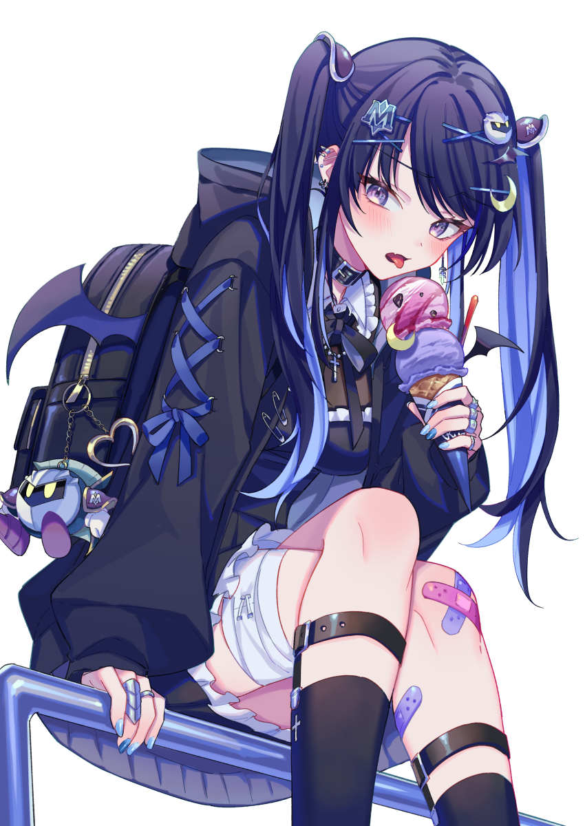 1girl, :p, backpack, bag, bandaid, bandaid_on_knee, bandaid_on_leg, bangs, black_hair, black_hoodie, black_socks, blue_bow, blue_hair, blue_nails, blue_ribbon, bow, breasts, buckle, colored_inner_hair, cross, cross_necklace, crossed_legs, demon_wings, dot_nose, double_scoop, ear_piercing, food, frilled_shirt_collar, frills, hair_ornament, heart, highres, holding, holding_food, hood, hood_down, hoodie, ice_cream, ice_cream_cone, jewelry, jirai_kei, keychain, kirby_(series), light_blush, long_hair, looking_to_the_side, meta_knight, moon_(ornament), multicolored_hair, nail_polish, necklace, original, parted_lips, piercing, purple_theme, railing, ribbon, ribbon-trimmed_sleeves, ribbon_trim, safety_pin, simple_background, sitting, small_breasts, socks, solo, star_(symbol), star_in_eye, strap, suzaku_(zaku6584), symbol_in_eye, tongue, tongue_out, twintails, two-tone_hair, violet_eyes, white_background, wings, zipper, zipper_pull_tab