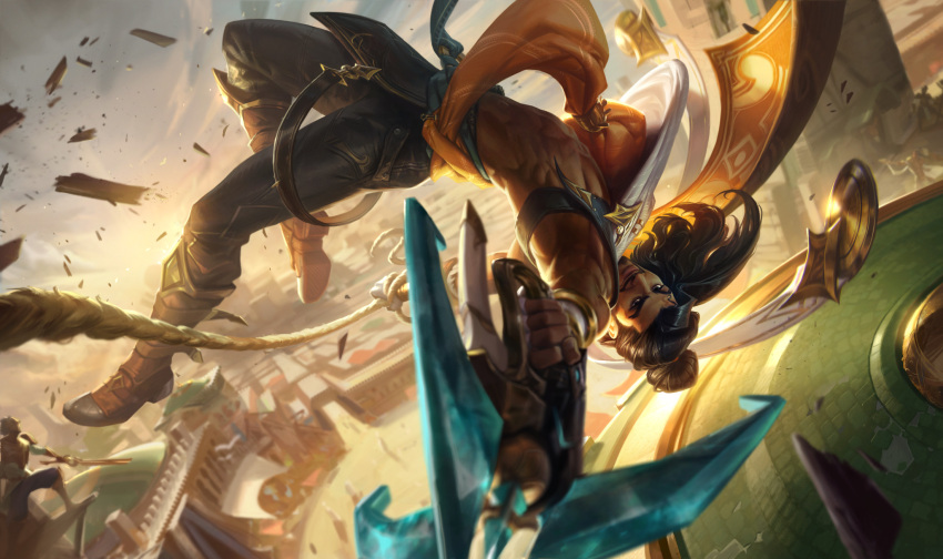 1boy, abs, akshan_(league_of_legends), armpits, beard, black_hair, boots, brown_eyes, clouds, cloudy_sky, dark-skinned_male, dark_skin, esben_lash_rasmussen, facial_hair, gun, highres, league_of_legends, leather, leather_belt, leather_boots, leather_pants, long_hair, looking_at_viewer, male_focus, manly, mature_male, muscular, muscular_male, no_shirt, outdoors, pants, pectorals, ponytail, rope, scarf, sky, smirk, solo, sun, sunlight, sunset, town, weapon, wood