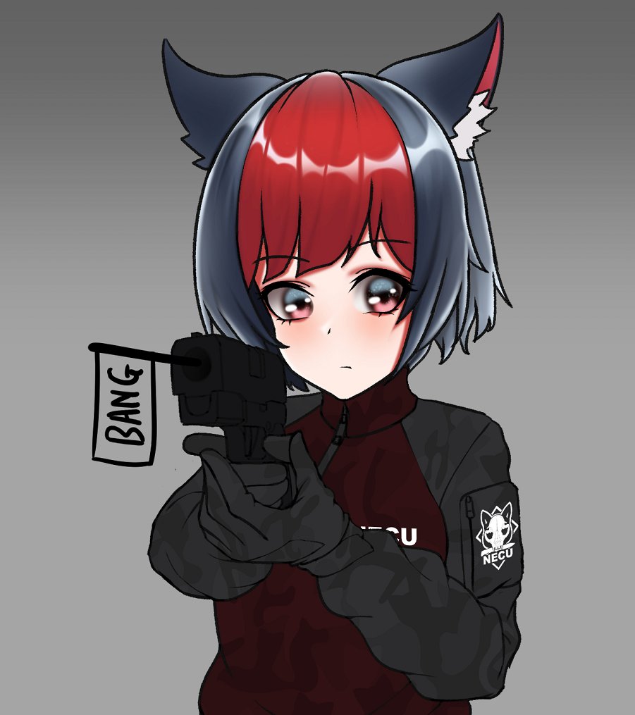 1girl, animal_ears, camouflage, cat_ears, combat_shirt, dukyduky96, gun, handgun