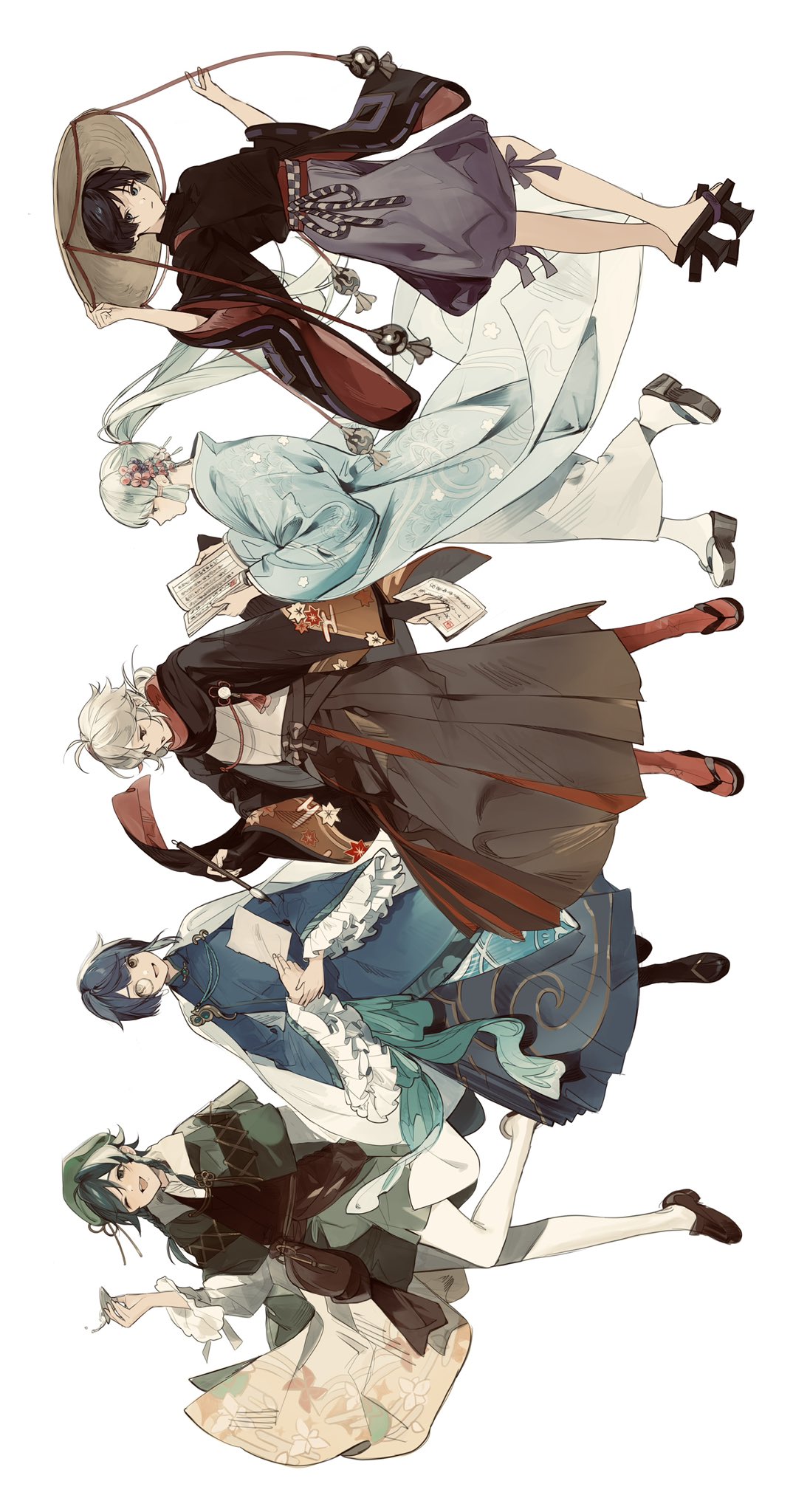 1girl, 4boys, aoi_no_okina_(genshin_impact), aqua_kimono, bag, bangs, beret, black_footwear, black_hair, blue_eyes, blue_hair, book, bottle, braid, brown_eyes, brown_footwear, cape, closed_mouth, commentary_request, cup, floral_print, frilled_sleeves, frills, from_side, full_body, genshin_impact, green_eyes, green_headwear, grey_hair, hair_between_eyes, hair_ornament, hakama, hand_on_headwear, hat, highres, holding, holding_book, holding_bottle, holding_cup, holding_paintbrush, holding_paper, japanese_clothes, jingasa, kaedehara_kazuha, kamisato_ayaka, kimono, kushami_deso, leaf_print, leg_up, long_hair, long_sleeves, looking_at_viewer, monocle, multicolored_hair, multiple_boys, official_alternate_costume, one_eye_closed, open_mouth, paintbrush, paper, parted_lips, ponytail, red_eyes, redhead, sandals, scaramouche_(genshin_impact), sidelocks, simple_background, streaked_hair, tassel, teeth, twin_braids, upper_teeth, venti_(genshin_impact), very_long_hair, walking, white_background, white_hair, wide_sleeves, xingqiu_(genshin_impact)