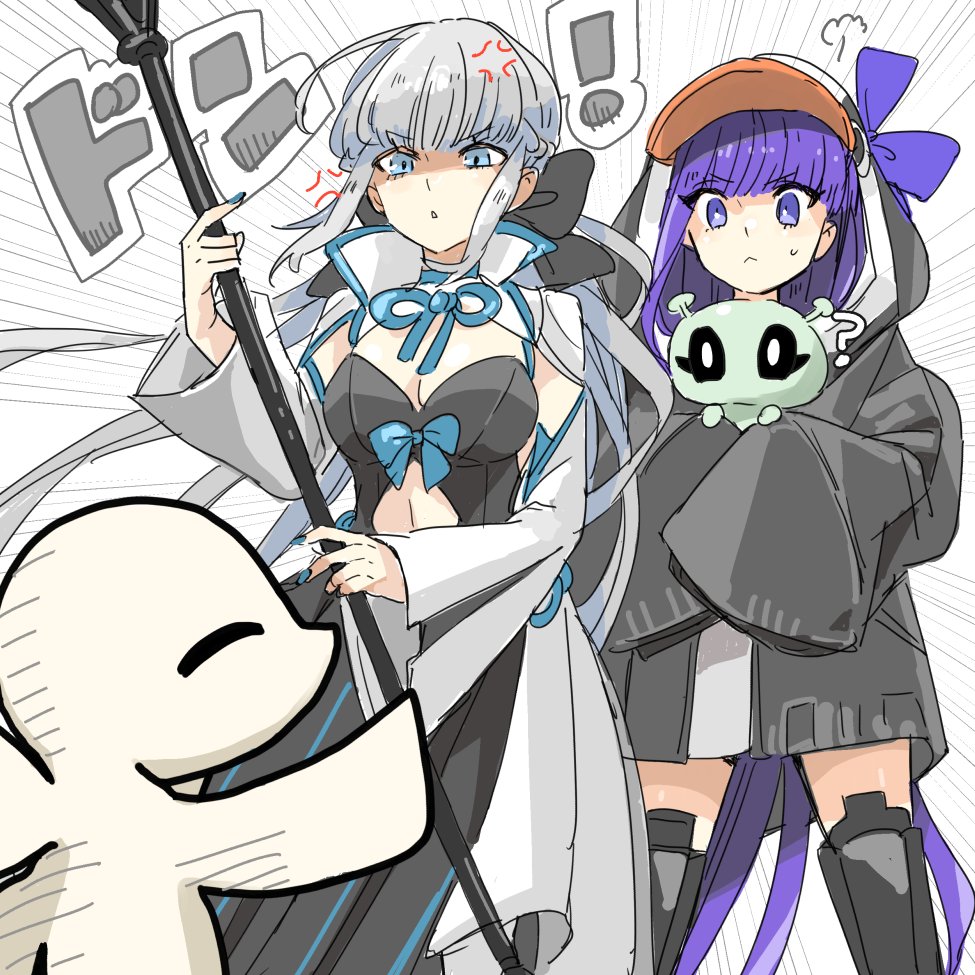 2girls, ?, anger_vein, animal_hood, blue_nails, emphasis_lines, fate/grand_order, fate_(series)