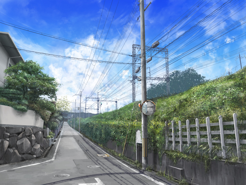 amanun, blue_sky, clouds, commentary_request, day, fence, grass, highres