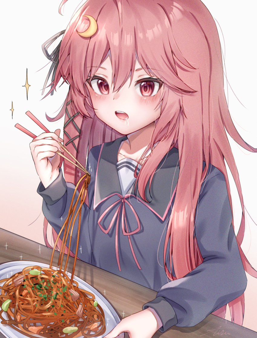 1girl, blue_serafuku, blush, chopsticks, collarbone, commission, crescent, crescent_hair_ornament