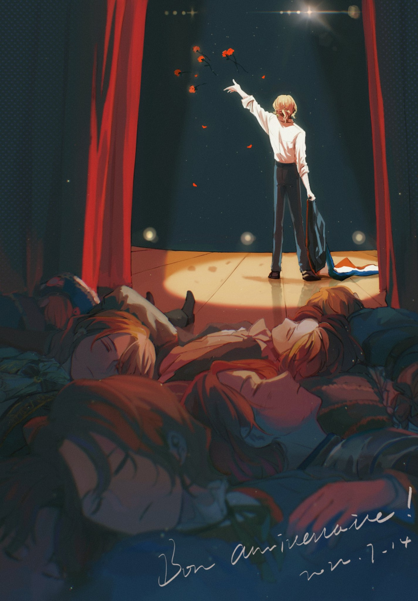 6+boys, arm_up, armor, ascot, axis_powers_hetalia, black_pants, blonde_hair, blue_capelet