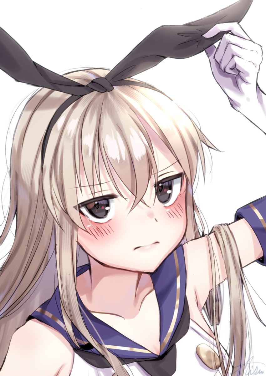 1girl, black_neckerchief, blonde_hair, blue_sailor_collar, blush, closed_mouth, collarbone, elbow_gloves