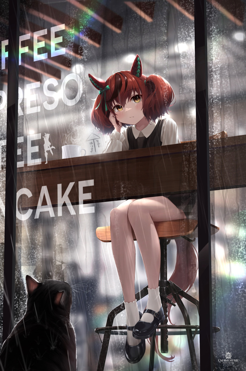1girl, :/, absurdres, alternate_costume, amanun, animal_ears, bar_stool, black_cat