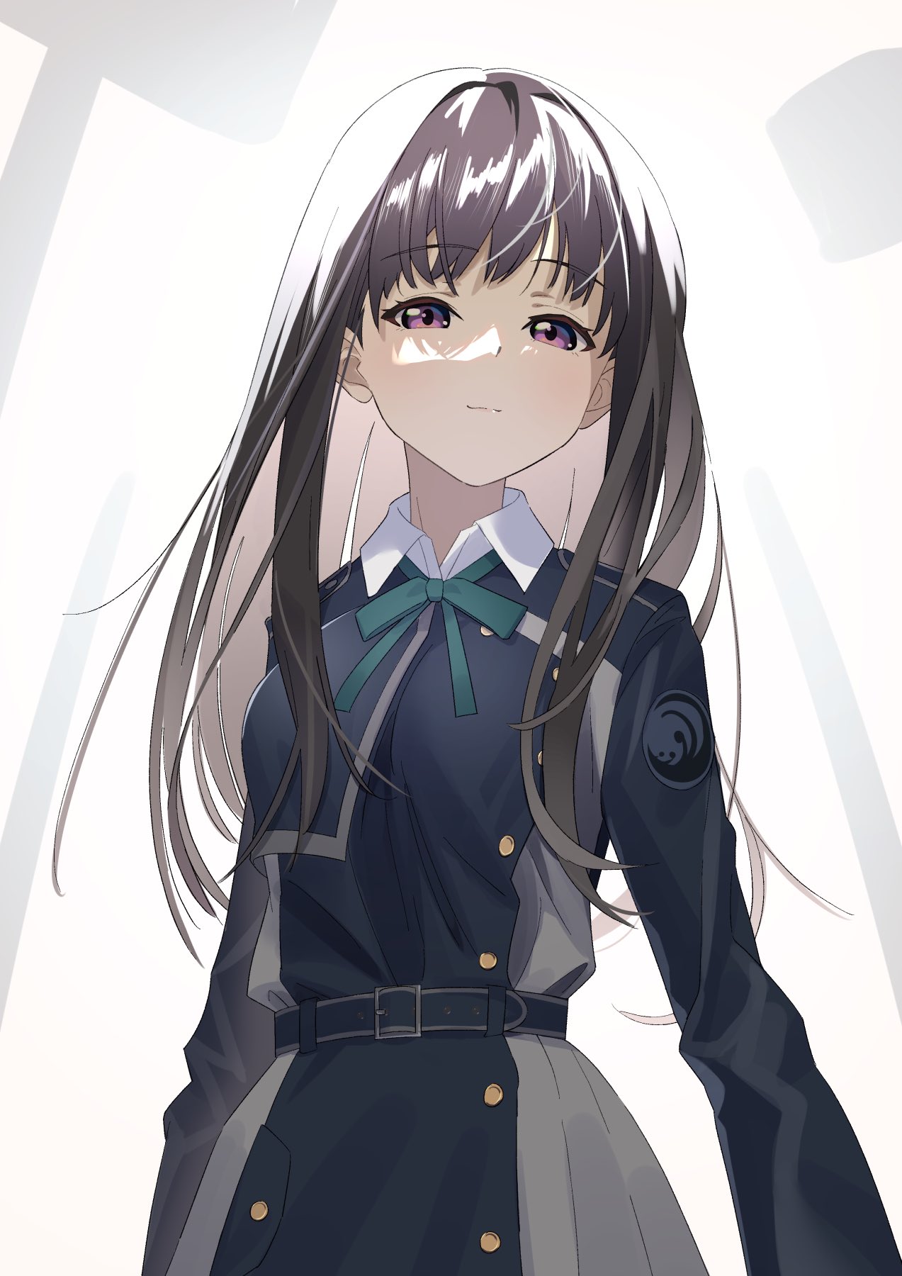 1girl, arms_at_sides, bangs, belt, belt_buckle, black_hair, blue_belt, blue_dress