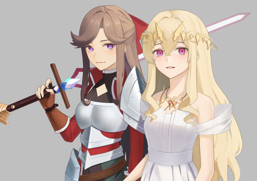 2girls, absurdres, arm_at_side, armor, bangs, bare_shoulders, belt, black_shirt