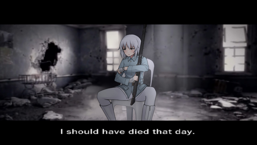 1girl, absurdres, ace_combat, ace_combat_zero, aila_paivikki_linnamaa, bandaged_hand, bandages, blue_jacket, brown_eyes, chair, epaulettes, grey_hair, gun, highres, holding, holding_weapon, indoors, jacket, long_sleeves, luminous_witches, m1saki_1, machine_gun, mg42, pants, parody, short_hair, sitting, solo, strike_witches, weapon, white_footwear, white_pants, world_witches_series