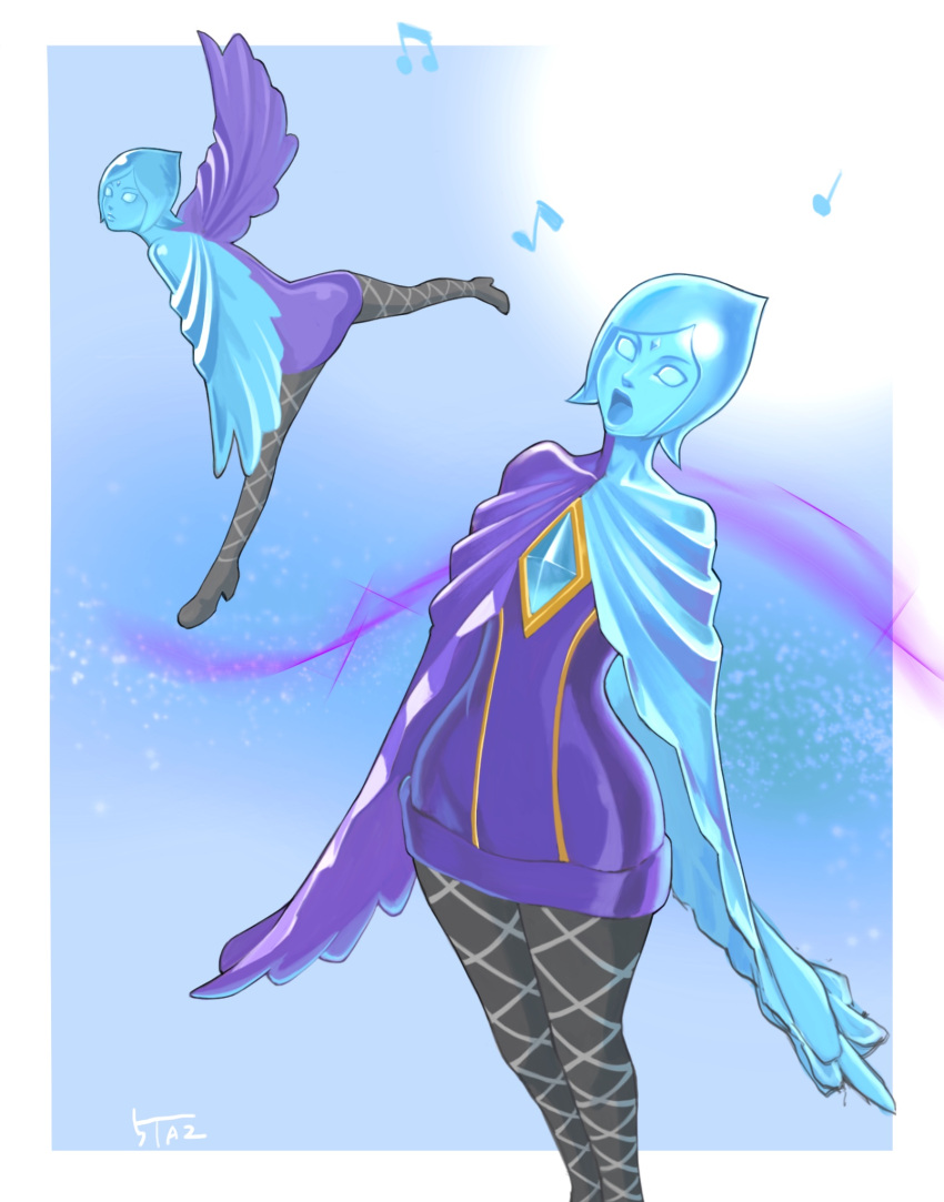 1girl, 5tatsu, argyle, argyle_legwear, artist_name, blue_background, blue_dress, blue_eyes, blue_hair, blue_skin, border, cape, chest_jewel, colored_skin, dress, feet_out_of_frame, fi_(zelda), forehead_jewel, full_body, gem, highres, leg_up, multiple_views, music, musical_note, no_pupils, open_mouth, pantyhose, purple_dress, short_dress, short_hair, singing, the_legend_of_zelda, the_legend_of_zelda:_skyward_sword, two-tone_dress, wings