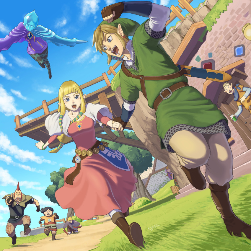 3girls, 5boys, 5tatsu, absurdres, argyle, argyle_legwear, armor, bangs