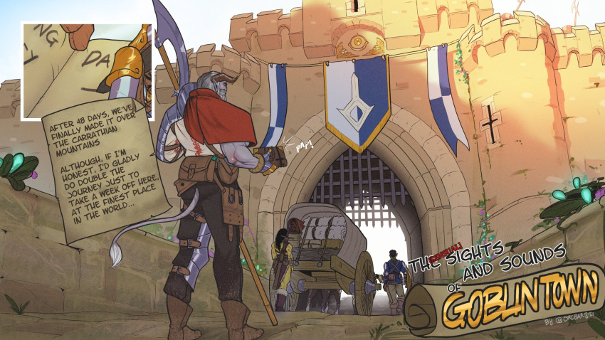 arch, armor, banner, beard, black_pants, book, capelet, cart