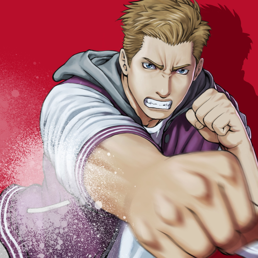 1boy, 5tatsu, blonde_hair, blue_eyes, clenched_hand, clenched_teeth, highres, hood