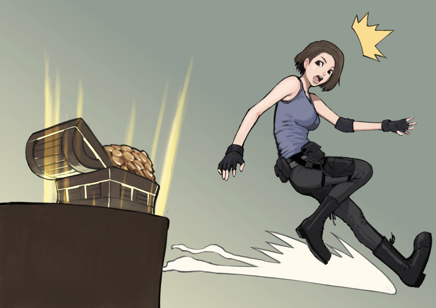 1girl, 5tatsu, absurdres, armband, bangs, bare_shoulders, black_footwear, black_gloves, black_pants, blue_shirt, boots, braking, breasts, brown_eyes, brown_hair, coin, fingerless_gloves, full_body, gloves, gold_coin, highres, holster, jill_valentine, looking_back, lower_teeth, medium_breasts, open_mouth, pants, parted_bangs, resident_evil, resident_evil_3, shirt, short_hair, solo, surprised, tank_top, teeth, thigh_holster, treasure_chest, upper_teeth