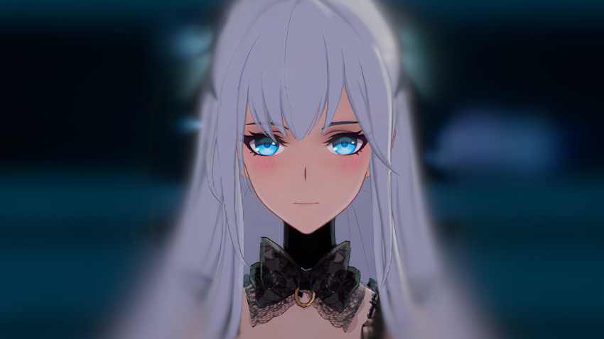 absurdres, black_bow, blue_eyes, blurry, blurry_background, bow, highres, meryl_(tower_of_fantasy)