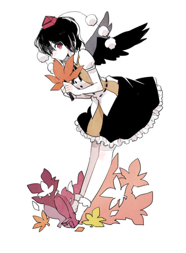 1girl, bangs, bird_wings, black_hair, black_ribbon, black_wings, brown_shirt, collared_shirt