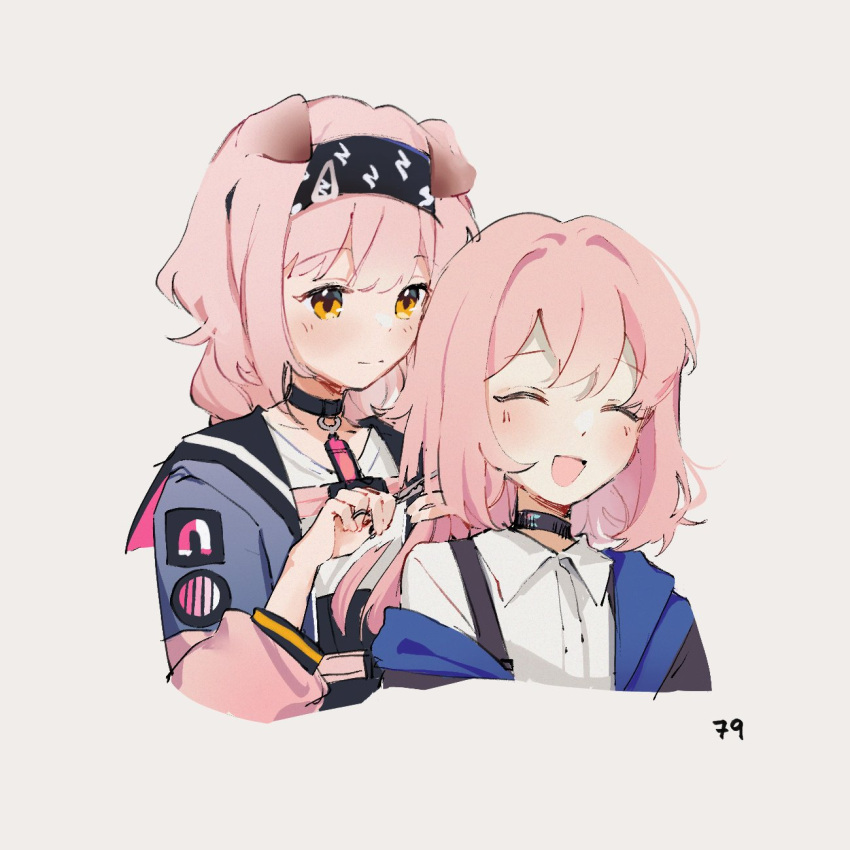 2girls, :d, animal_ears, arknights, black_choker, black_hairband, blue_jacket, blue_poison_(arknights)