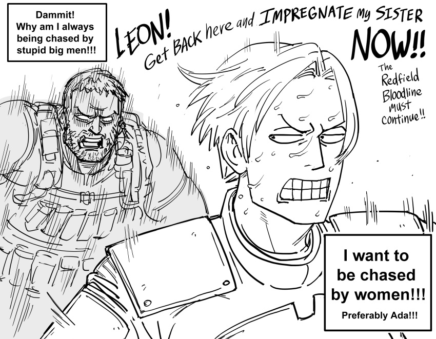 2boys, absurdres, bb_(baalbuddy), chasing, chris_redfield, english_text, fleeing, greyscale