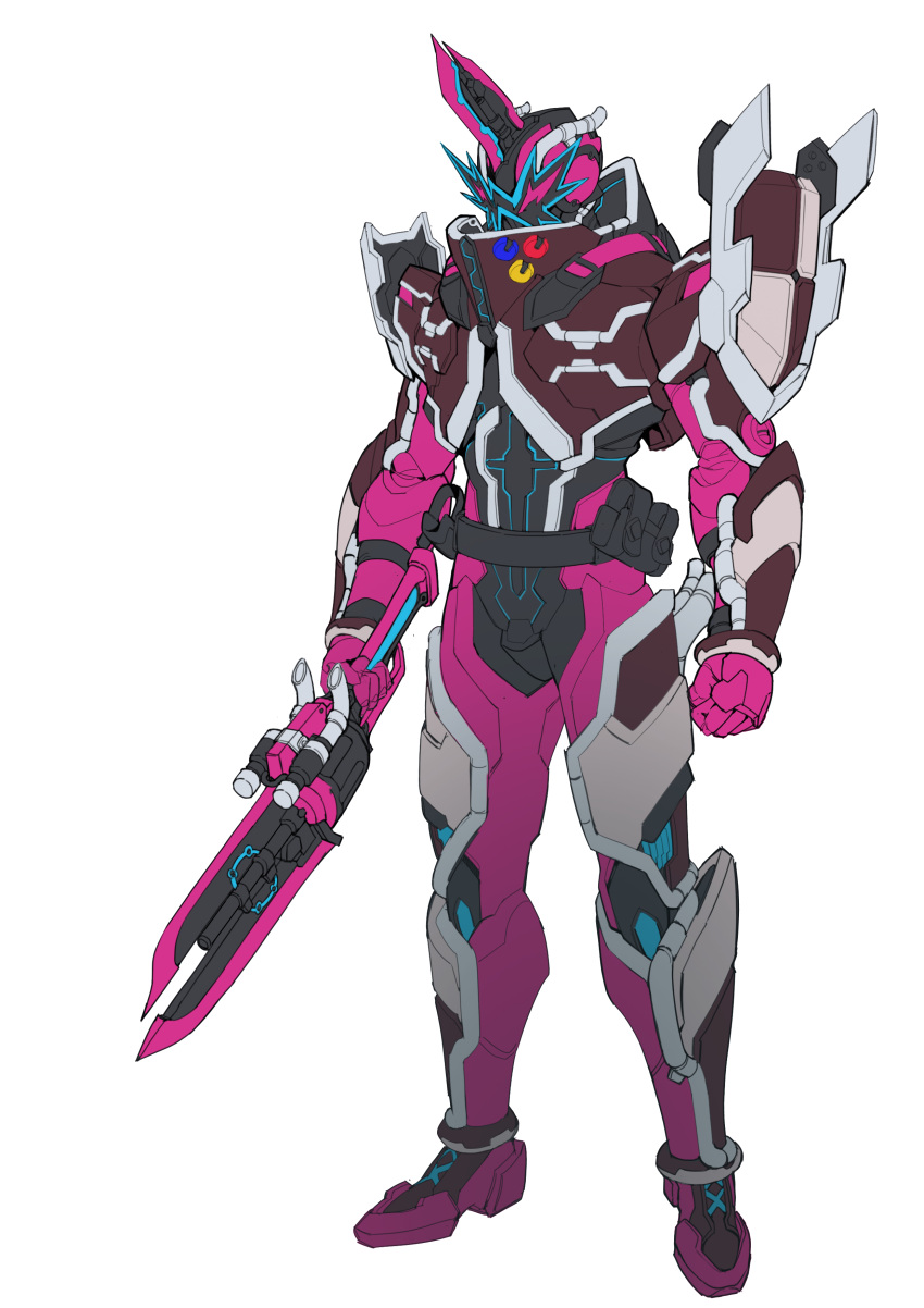 1boy, absurdres, armor, armored_boots, blade, bodysuit, boots, catball1994, full_body, hanselnuts_to_gretel, highres, holding, holding_weapon, kamen_rider, kamen_rider_saber_(series), kamen_rider_slash, punk, punk_rock, short_sword, stylistic, sword, visor, weapon