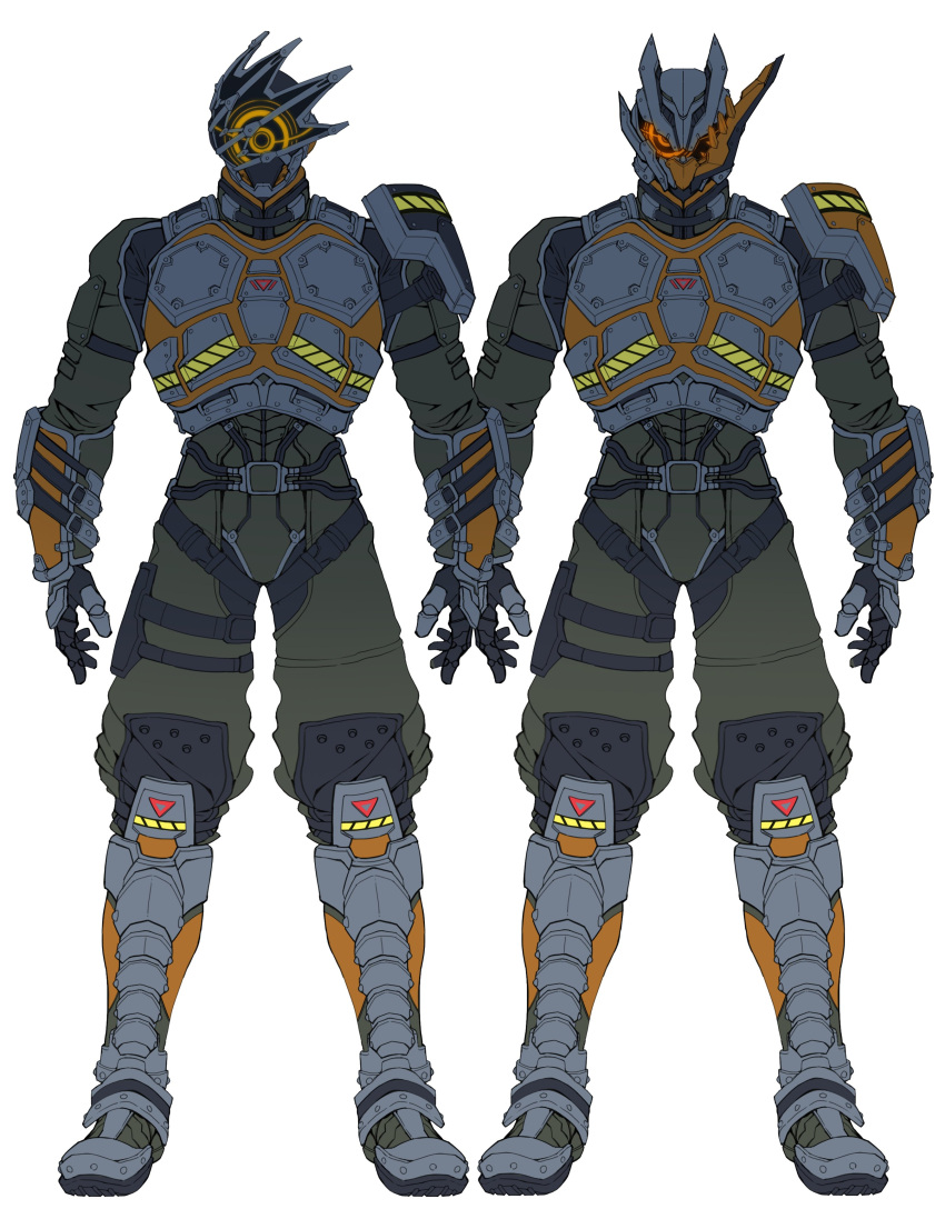 2boys, absurdres, armor, armored_boots, armored_gloves, asymmetrical_armor, asymmetrical_horns, blue_eyes
