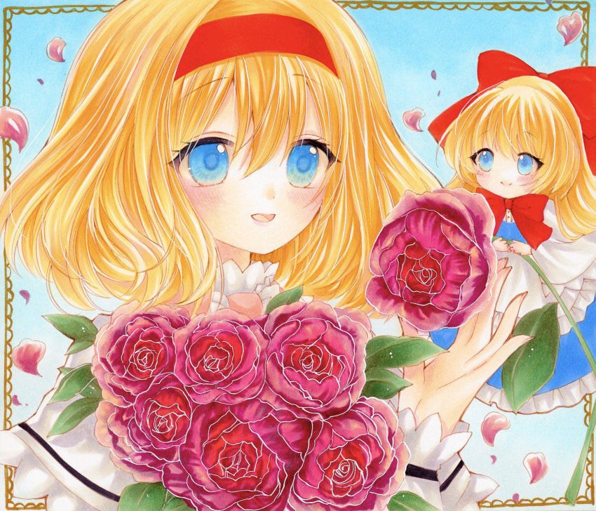 1girl, absurdres, alice_margatroid, apron, bangs, blonde_hair, blue_background, blue_dress